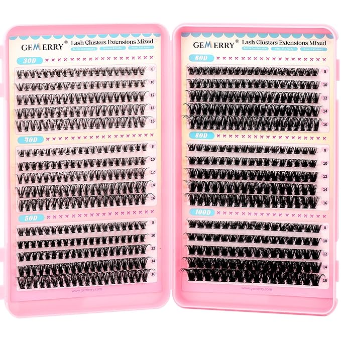 GEMERRY 565Pcs Lash Clusters D Curl Volume Eyelashes Clusters Extensions with Thin Band for DIY at home (30D+40D+50D+60D+80D+100D, 8-16mm)