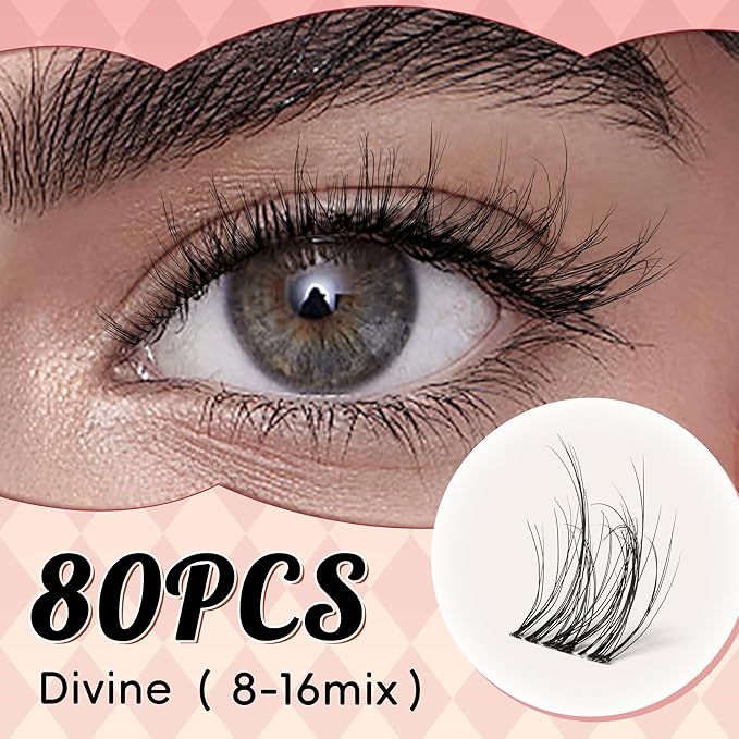 VYRILA Lash Clusters 0.05mm PBT Fiber Eyelash Clusters, 0.1mm Superfine Invisiband D Curl Diy Lash Extension, 80pcs 8-16mm Individual Lashes Clusters Like Eyelash Extensions (Divine-D-8-16Mix)