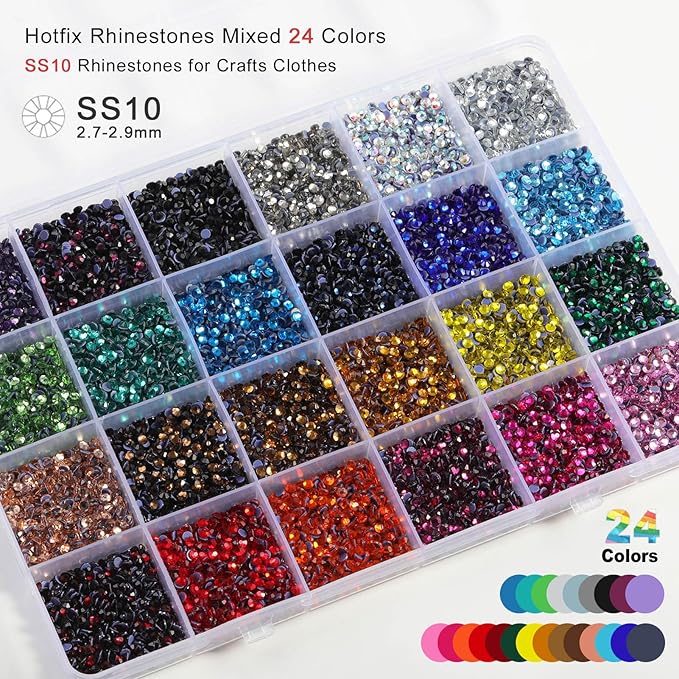 BEADSLAND Hotfix Rhinestones Mixed 24 Colors, SS10 Rhinestones for Crafts Clothes, Hotfix Crystals with 1 Tweezers, 1 Wax Pencil and 1 Spoon