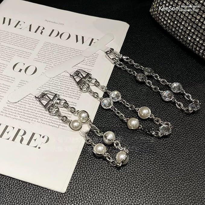 Original Pearl & Crystal Metal Vintage Phone Chain, Versatile with Premium Silver Metal Phone Tab (White Pearl)