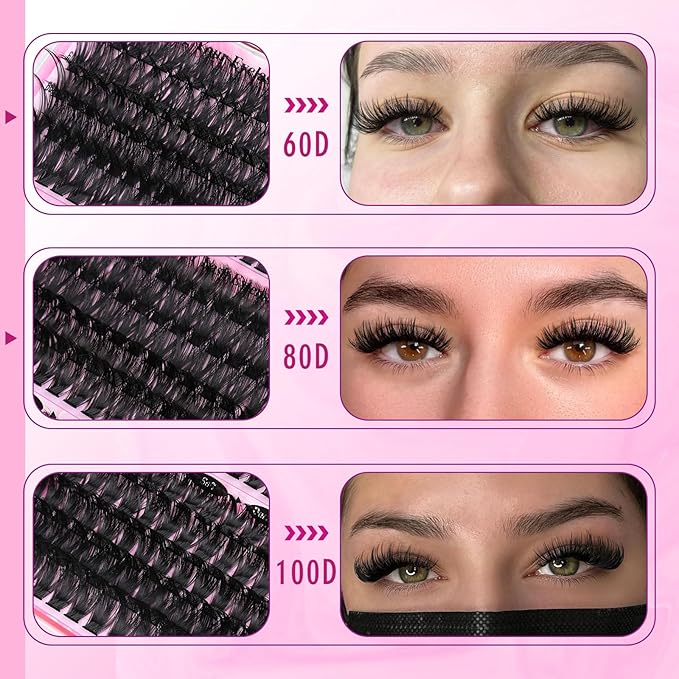 Yawamica Faux Mink Eyelash Extensions Kit, 300pcs 60D+80D+100D Individual Clusters, Black, Cruelty Free, DIY Lash Beginners