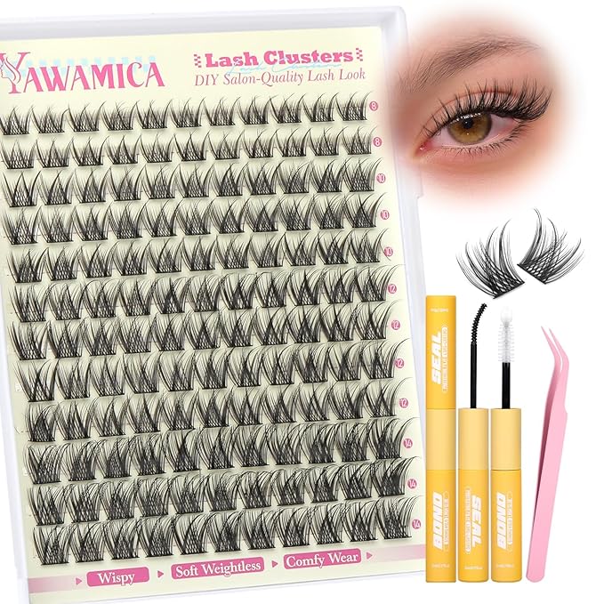 Yawamica Wispy Lash Clusters Kit DIY Lash Extension Kit 8-14mm Eyelash Clusters Natural Cluster Eyelash Extensions D Curly Individual Lashes 144 Clusters Lashes with Waterproof Bond and Seal Tweezers