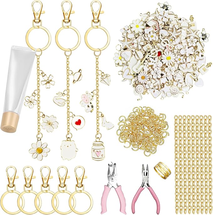 X-Kingsun 303 Pcs Lip Gloss Keychain Making Kit 100 White Lips Charms Jewelry Plier Keychains Clips Gold Extender Chains for Women DIY Crafting Making