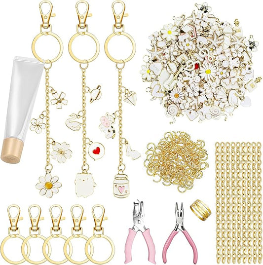 X-Kingsun 303 Pcs Lip Gloss Keychain Making Kit 100 White Lips Charms Jewelry Plier Keychains Clips Gold Extender Chains for Women DIY Crafting Making