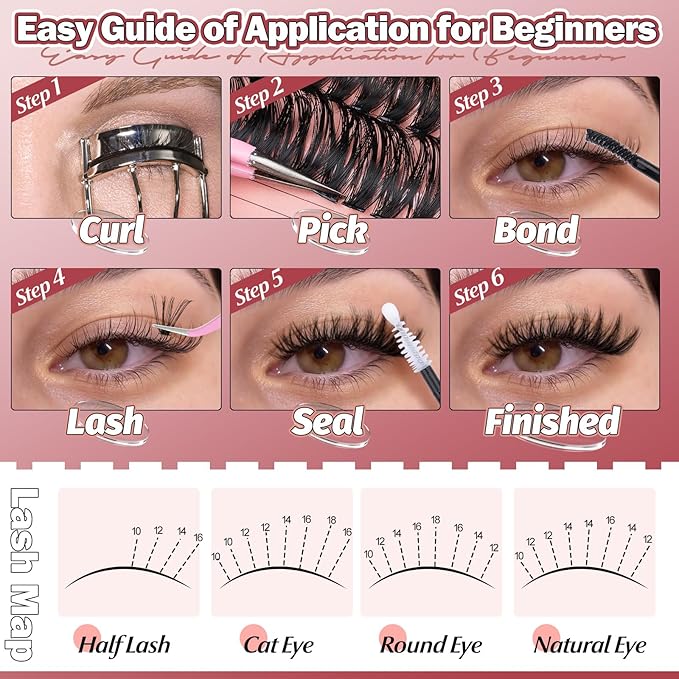 Yawamica Lash Extension Kit Wispy Volume Lash Clusters 40D+50D+60D Individual Lashes 10-18mm Eyelash Extension Kit D Curly 300pcs Eyelash Clusters with Waterproof Lash Bond and Seal and Lash Tweezers