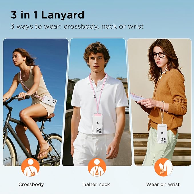 3-in-1 Cell Phone Lanyard 1 Pack + Wrist Strap 1 Pack - Convertible Crossbody Strap with Locking Knob Friendly, Adjustable Neck Lanyard for Gym/Work/Travel Essentials(Pink)