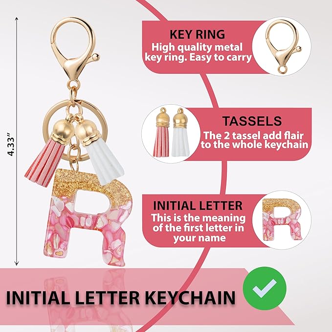 Initial Letter Keychain Cute Resin with 2 PU Tassel, Letter Keychain for Backpack Charms, Initial Keychains for Women