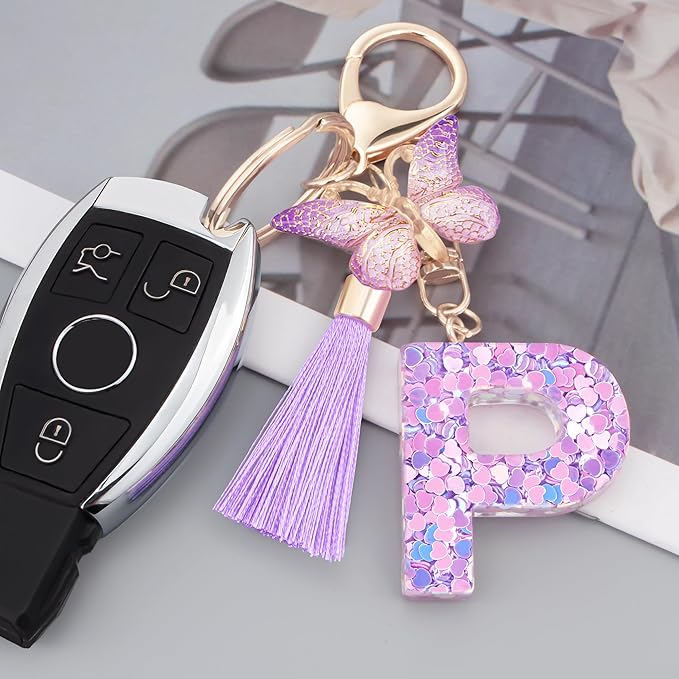 Initial letter Keychains for Women Girls Tassel Butterfly Cute Keychain for Wallet Backpack charm