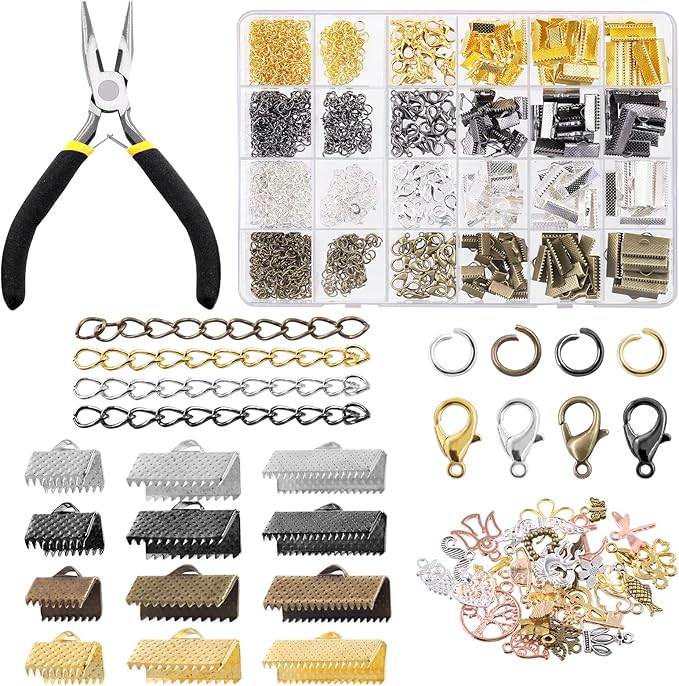 Tanstic 771Pcs 4 Colors Ribbon Ends Fastener Clasps Kit, Bookmark Pinch Crimp Ends with Jump Rings, Lobster Claw Clasps, Chain Extenders, Pendant Charms and Jewelry Pliers for DIY Crafts