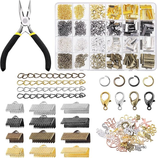 Tanstic 771Pcs 4 Colors Ribbon Ends Fastener Clasps Kit, Bookmark Pinch Crimp Ends with Jump Rings, Lobster Claw Clasps, Chain Extenders, Pendant Charms and Jewelry Pliers for DIY Crafts