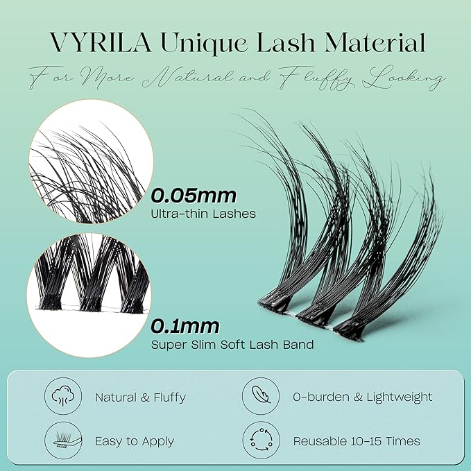 VYRILA Lash Clusters 0.05mm Individual Lashes, 3D Wispy Lashes Clusters, 0.1mm Super Thin Band Resuable Natural Lashes,D Curl Faux Mink Lashes,108pcs Lash Extension (Green Cozy-D-0.05-8-16mix)