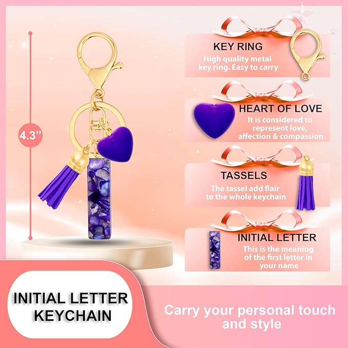 Initial Keychains for Women with Cute Heart Resin - Alphabet Letter Keychain for Bag, Backpacks, Purse or Car key