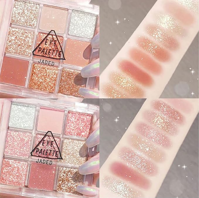 Kayswang 9 colors glitter eyeshadow palette makeup palette matte high pigment color cream texture natural eye shadow powder eye shadow palette in autumn winter long lasting waterproof (pink+orange)