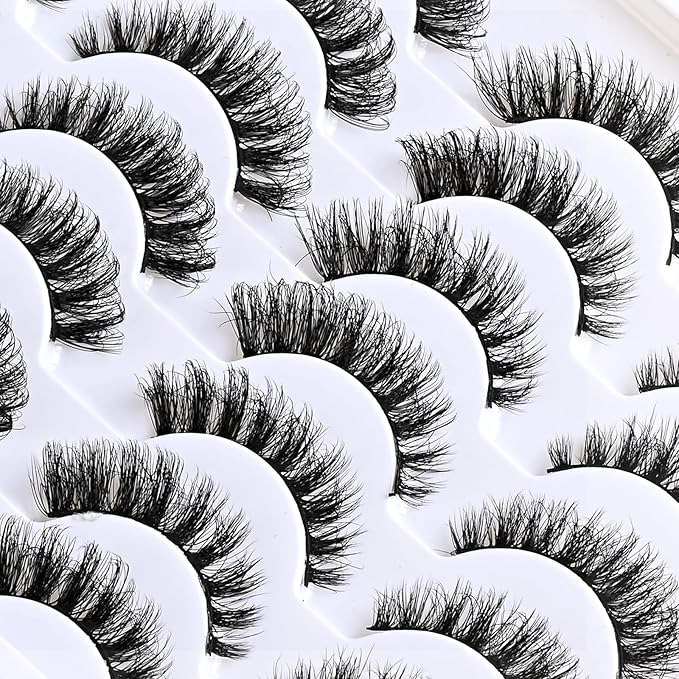 APCYUST Lashes Fluffy False Mink Eyelashes 14 Pairs Cat Eye Lashes Fake Russian Strip Eyelash Natural Lash Strips Eye Lashes Pack D Curl Short Lashes Natural Look Wispies Cateye Lashes for Women