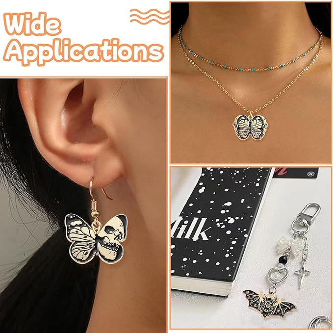 Stiesy 40 Pcs 8 Styles Gothic Style Black Enamel Butterfly Charms Animal Bat with Skull Pendant Metal Charm for Jewelry Making Crafts DIY Bracelets Necklace Earring