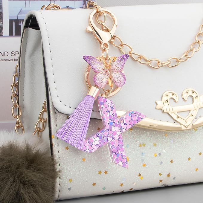 Initial letter Keychains for Women Girls Tassel Butterfly Cute Keychain for Wallet Backpack charm