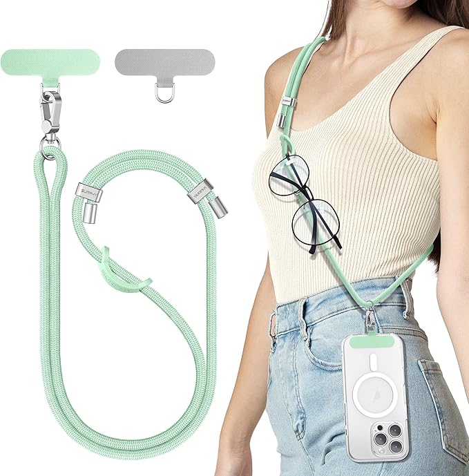 SURPHY Phone Lanyard, Adjustable Phone Strap Crossbody with 2 Pack Phone Tether Tab, Premium Metal Buckles, Skin-Friendly, Universal Cell Phone Lanyard Crossbody for Women and Men, Green