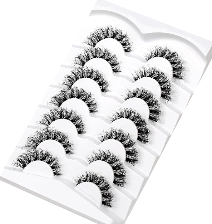 Pooplunch Fake Eyelashes Faux Mink Lashes Strips Cat Eye Wispy Volume Lashes D-Curly Clear-Band Natural 8D Extension Wispies 7 Pairs Pack