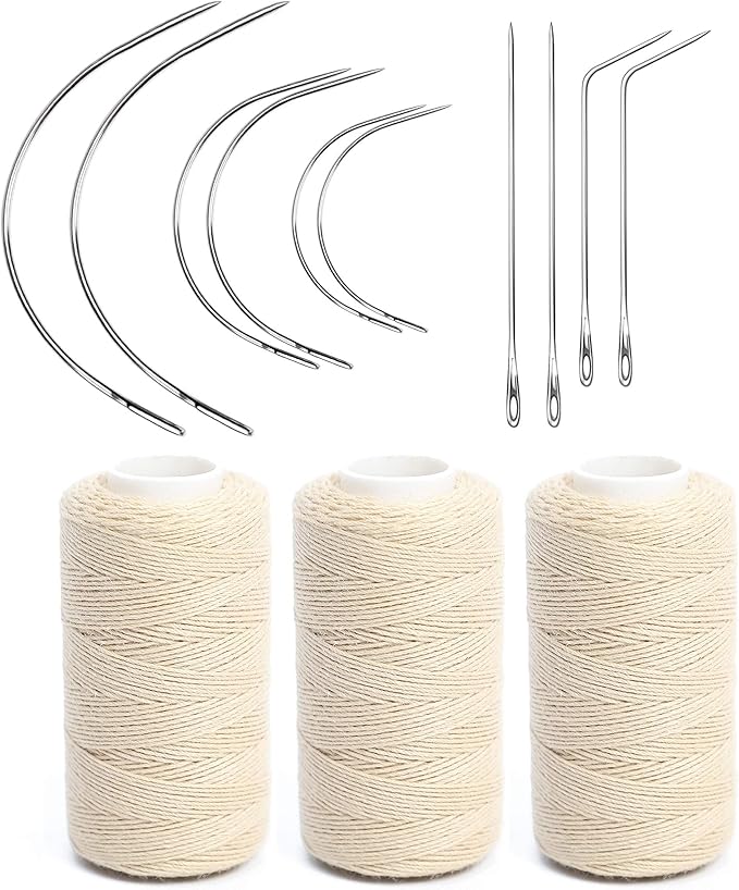 Ryalan Weaving Needle Combo Deal 3 Thread with 10pcs Needle for Making Wig Sewing Hair Weft Hair Weave Extension Big Medium and Small C Shape Curved Needle with J I Needle (10 Needle, 3 Thread, Blond)