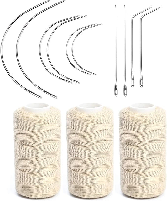 Ryalan Weaving Needle Combo Deal 3 Thread with 10pcs Needle for Making Wig Sewing Hair Weft Hair Weave Extension Big Medium and Small C Shape Curved Needle with J I Needle (10 Needle, 3 Thread, Blond)