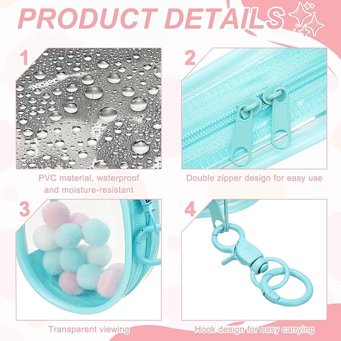uxcell 4 Inch Clear Figure Display Bag, Mini Clear Pouch Waterproof Coin Pouch with Keychain and Pom Poms for Blind Box Doll Display (Round, Sky Blue)