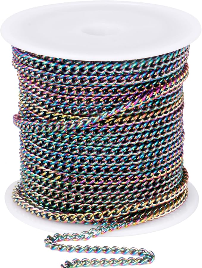 33FT Colorful Stainless Steel Curb Chains Roll, 2mm 304 Stainless Steel Multi Color Flat Twisted Links Curb Chains Bulk Spool for Jewelry Making DIY Craft