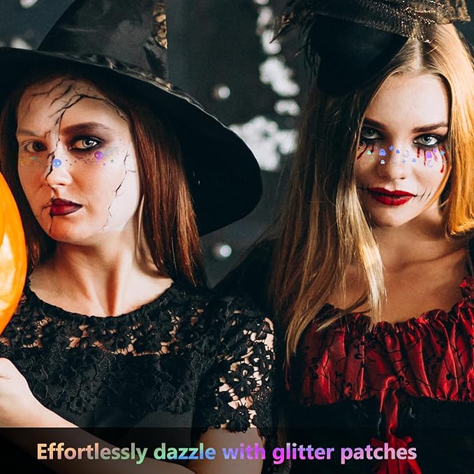 HyperFun 12Pcs Halloween Face Glitter Freckles, Glitter Freckles Face Tattoo Sticker, Holographic Multichrome Waterproof Sparkle Freckles Makeup Patches for Women Rave Festival Accessories Party Prom