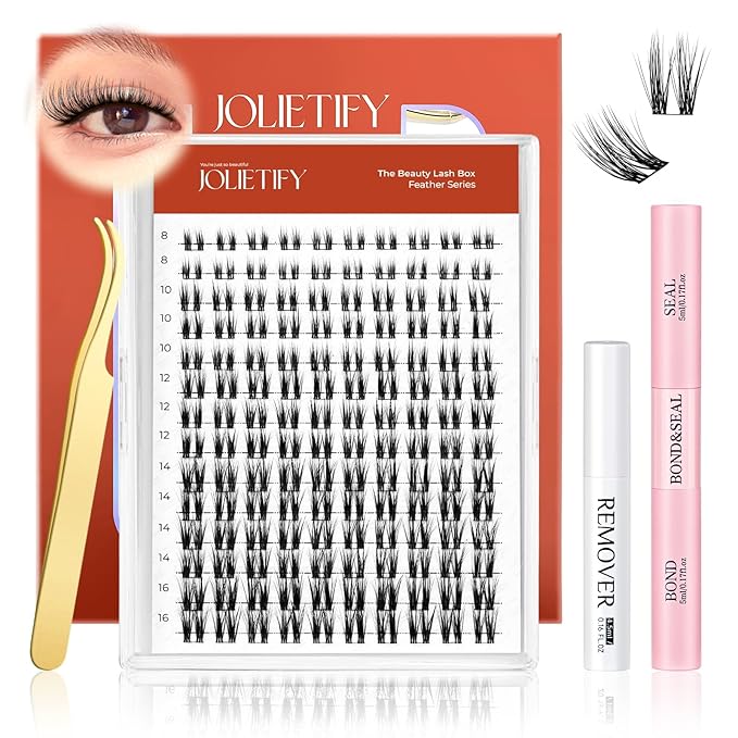 JOLIETIFY Lash Extension Kit, Wispy Faux Mink 8-16mm Cluster Lashes, Natural Soft & Fluffy, Waterproof Bond & Seal, Reusable Individual Lashes with Tweezers & Remover, Beginner Friendly