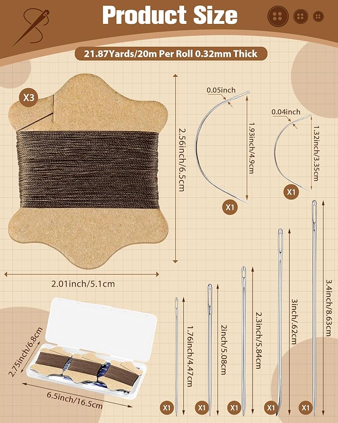 FIVEIZERO Upholstery Repair Sewing Kit, Leather Sewing Kit, 63 Yards Upholstery Thread& 7Pcs Heavy Duty Needles, Leather Thread, Curved Needles for Quilting & Hand Stitching (Brown)