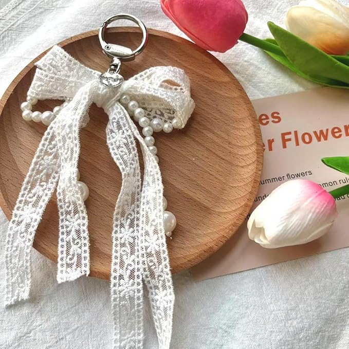 Pearl Bow Keychain Cute Y2k Lace Bowknot Keychain Coquette Aesthetic Accessories Bag Purse Handbag Backpack Charm