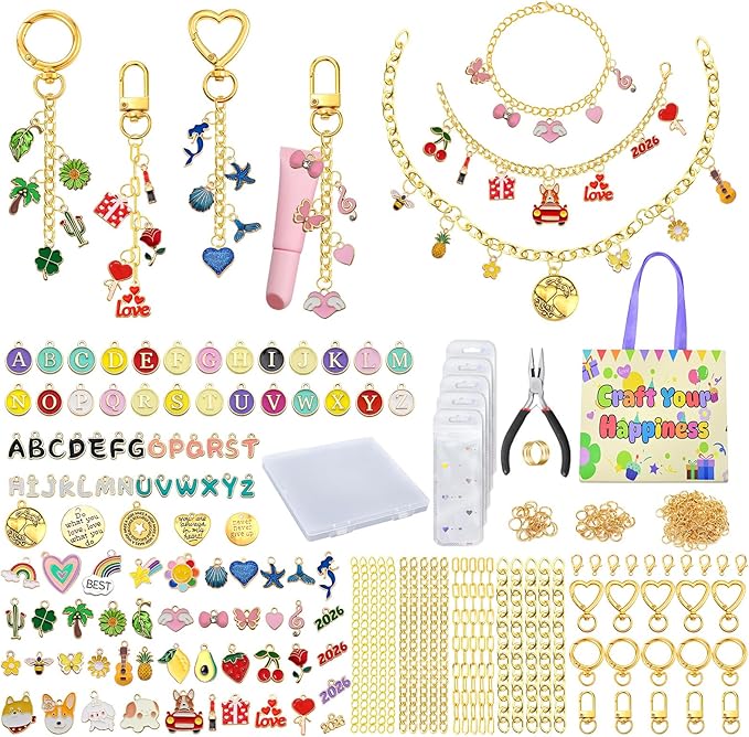 VvLons 323Pcs Keychain Making Kit, Lip Gloss Keychain Making Kit Including 101 Charms 15 Clips 20 Extender Chain, Jewelry Making Kit for Bags Keychains Christmas Gifts Craft Supplies
