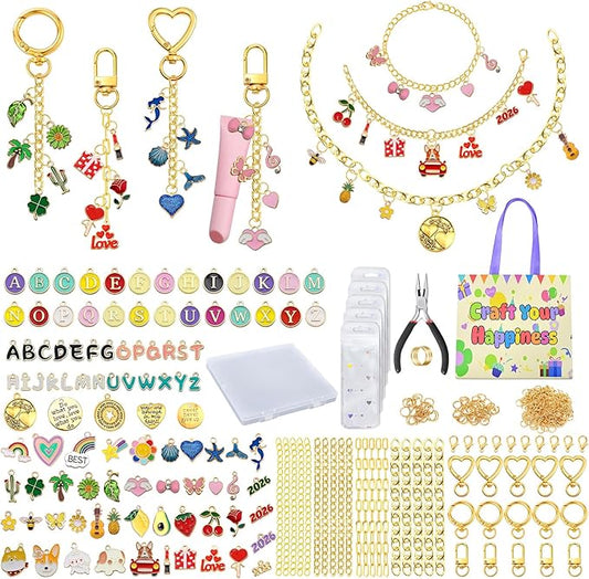 VvLons 323Pcs Keychain Making Kit, Lip Gloss Keychain Making Kit Including 101 Charms 15 Clips 20 Extender Chain, Jewelry Making Kit for Bags Keychains Christmas Gifts Craft Supplies