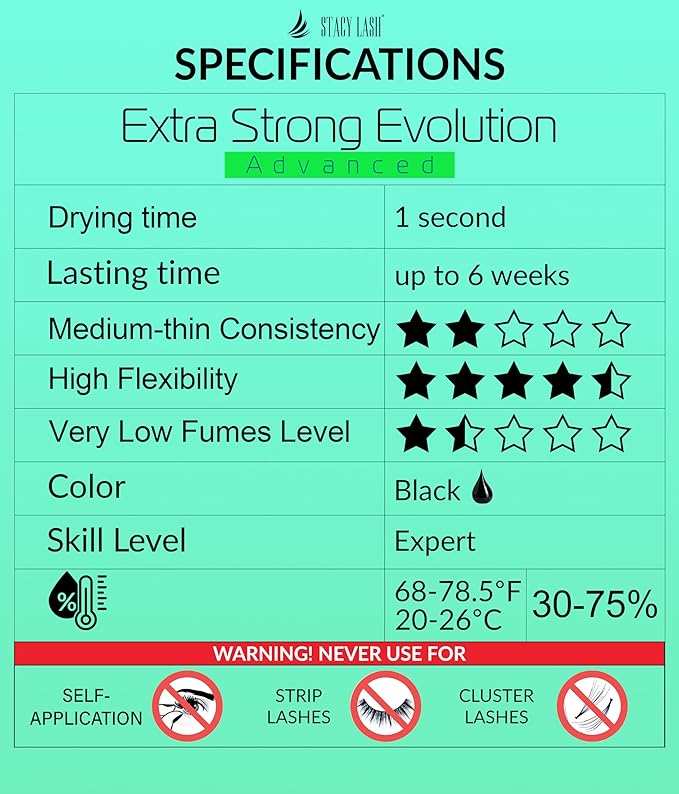 STACY LASH Extra Strong Evolution Advanced Eyelash Extension Glue (0.34fl.oz/10ml)/ 1Sec Dry /6Weeks Retention/Black Adhesive/Professional Supplies