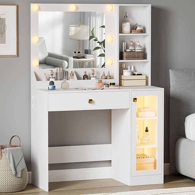 Small Vanity Desk with Mirror and Lights, Makeup Vanity Desk with Adjustable Brightness 3 Light Modes, RGB Storage Cabinet, Power Outlet, Drawer, Shelves, Vanity Table for Women Girls Bedroom