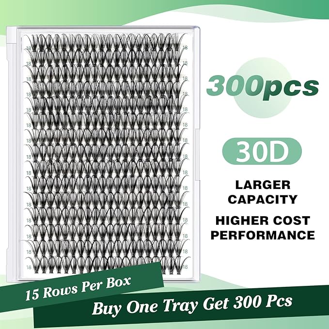 Lash Clusters 300pcs Individual Lashes 30D 0.07D Curl 18mm DIY Eyelash Extension KEYYOU Large Tray Volume Soft&Natural Cluster Lashes(30D-0.07D,18）