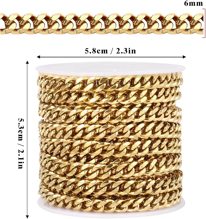 16.5FT Gold Cuban Chain Roll 6MM 18K Gold Plated Diamond-Cut Curb Link Chains Spool Bulk for DIY Crafts Jewelry Making