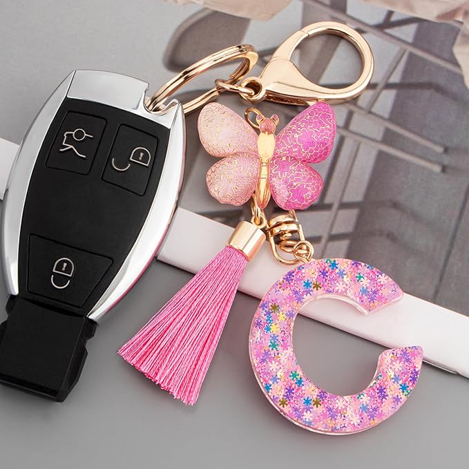 Suweibuke Cute Pink Key Chains for Women Girls, Initial Letter Keychains with Tassel, Charms for Key Purse Handbags Backpacks