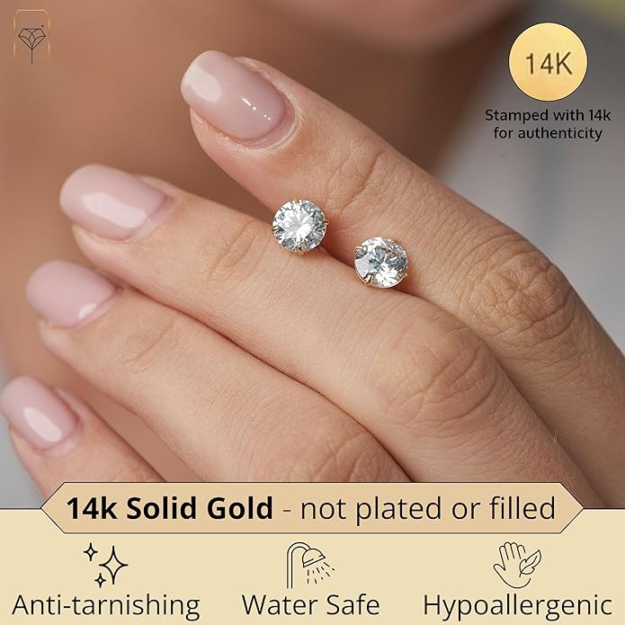 14k Gold Solitaire Round Cubic Zirconia Earrings Studs for Women & Men | Anti Tarnishing CZ Stud Earrings with 14k Gold Butterfly Pushbacks | 4MM-7.5MM by MAX + STONE