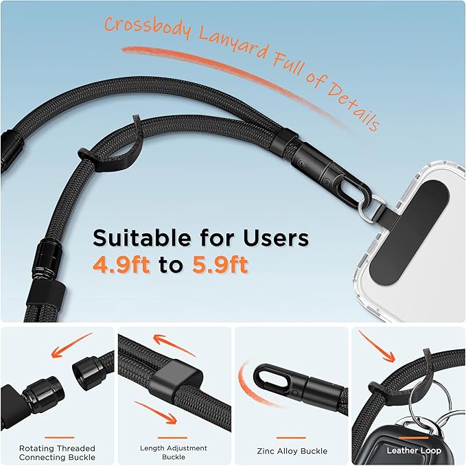 3-in-1 Cell Phone Lanyard 1 Pack + Wrist Strap 1 Pack - Convertible Crossbody Strap with Locking Knob Friendly, Adjustable Neck Lanyard for Gym/Work/Travel Essentials(Black)