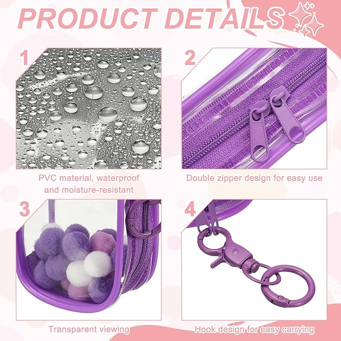 uxcell 3.5 Inch Clear Figure Display Bag, Mini Clear Pouch Waterproof Coin Pouch with Keychain and Pom Poms for Blind Box Doll Display (Square, Purple)