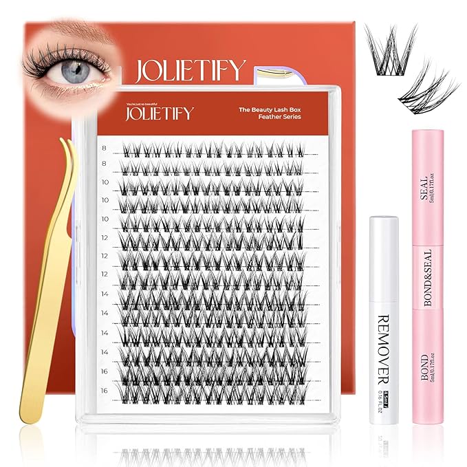 JOLIETIFY Lash Extension Kit, Natural Style, Soft Faux Mink 8-16mm Cluster Lashes, Barely-There Look, Reusable Individual Lashes, Waterproof Bond & Seal, Eyelash Tweezers & Remover, Easy DIY at Home