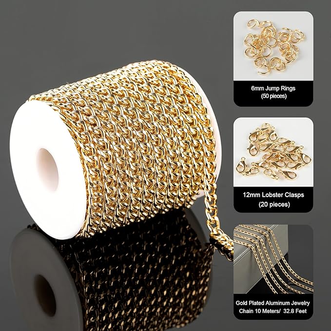 UMAOKANG 33 Feet Gold Plated Curb Chain for Jewelry Making Aluminum Necklace Chains Bulk Twisted Curb Link Chain Roll with Jump Rings and Lobster Clasps