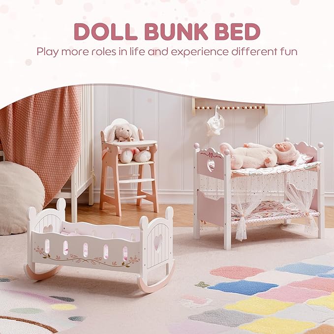 ROBOTIME Baby Doll Bunk Beds, Wooden Baby Doll Crib with Starry Curtain, Stackable Toy Crib for 18 Inch Dolls, Doll Bed Playset with Bedding Accessories, for Kids 3+ (Pink, 2 Pcs Beds)