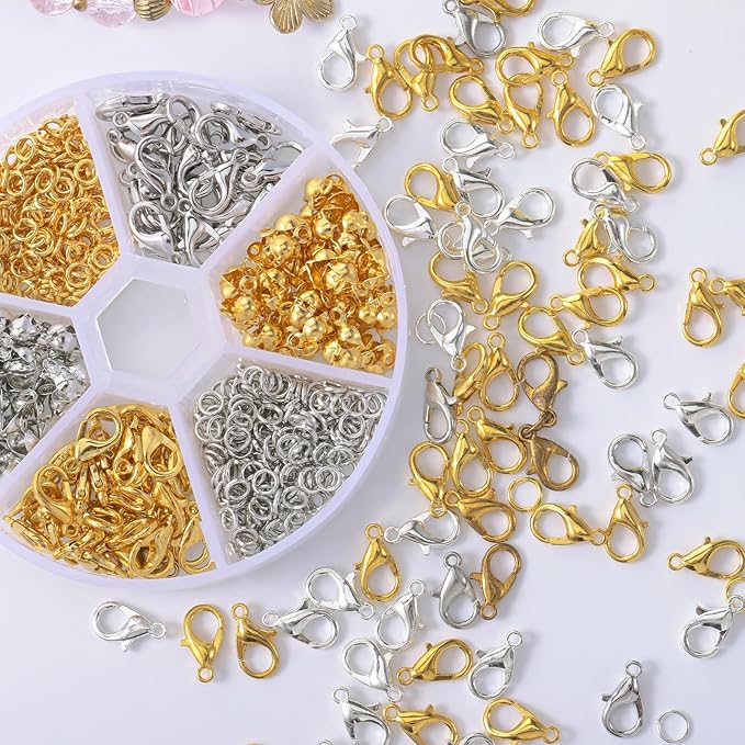 570 Pcs Lobster Claw Clasps Set with 4mm Open Jump Rings Connectors and 4mm Bead Tips Knot Covers for Jewelry Making Kit Jewelry Clasps DIY Craft (Gold,Silver)