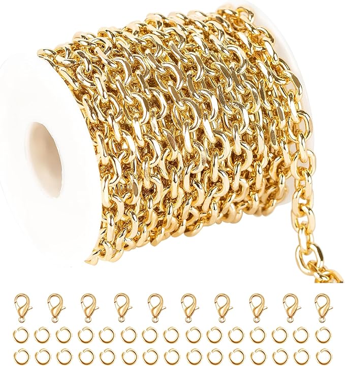 UMAOKANG 16.4 Feet Gold Plated Cable Chains Bulk Lightweight Aluminum Chain for Jewelry Making Diamond Cut Cable Link Chain Necklace Bracelet DIY for Women and Men