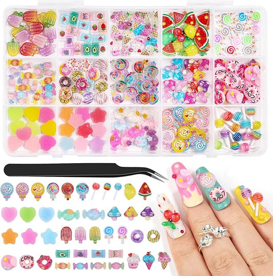 210PCS Kawaii Candy Nail Charms Kit: 3D Lollipop, Donut & Fruit Resin Charms for Acrylic Nails, Sweet Nail Art Supplies with Tweezers for DIY Crafts, Slime & Shoe Decor