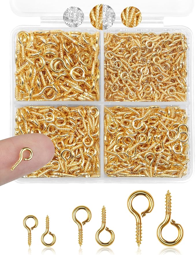 FIVEIZERO 600pcs Small Screw Pins for Jewelry Making & DIY Crafts, Mini Eyelet Screws for Art Projects & Bead Charms, Tiny Hooks & Eyes for Crafts (Gold & Silver, 3 Sizes)