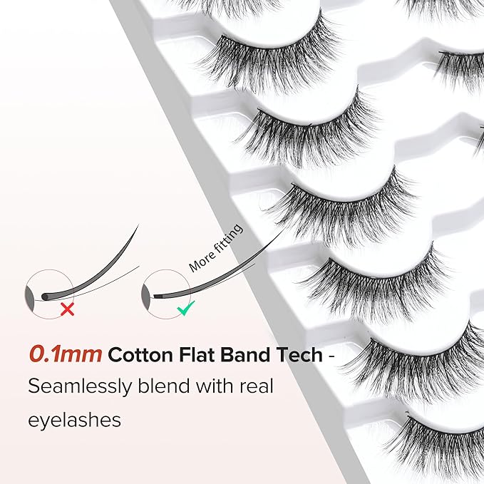Siligli Cat Eye Lashes - Natural 15mm Wispy False Eyelashes, Thin Band, 3D Volume, Curly, 7 Pair Pack