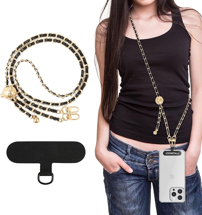 MoKo Universal Phone Lanyard, Adjustable Metal Cell Phone Chain Crossbody Strap Anti-Theft Detachable Women Cellphone Lanyards Around the Neck with Patches for iPhone, Most Smartphones,Black