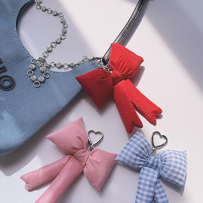 Pink Bow Keychain Bag Charms Y2K Bowknot Plaid Keychains Coquette Aesthetic Purse Handbag Backpacks Charms